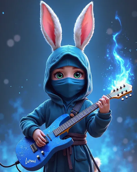 Un dieu ninjah masqué avec des oreilles de lapin avec une aura de flamme bleu autour en animation 4k, une guitare bleu diamant magique à la main, avec des notes de musiques autour, écris sur sa veste bleu « LAPINOUX » 