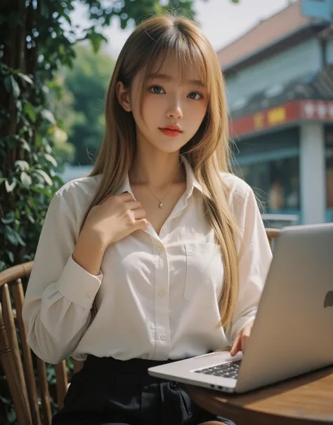 low angle, beautiful women, sleek gold hair long spreads, styled in soft, natural waves that frame her face. She exudes a sultry yet elegant allure, white button up shirt, Black pleated short skirt, working in the cafe with laptop, body drenched, tilt head...