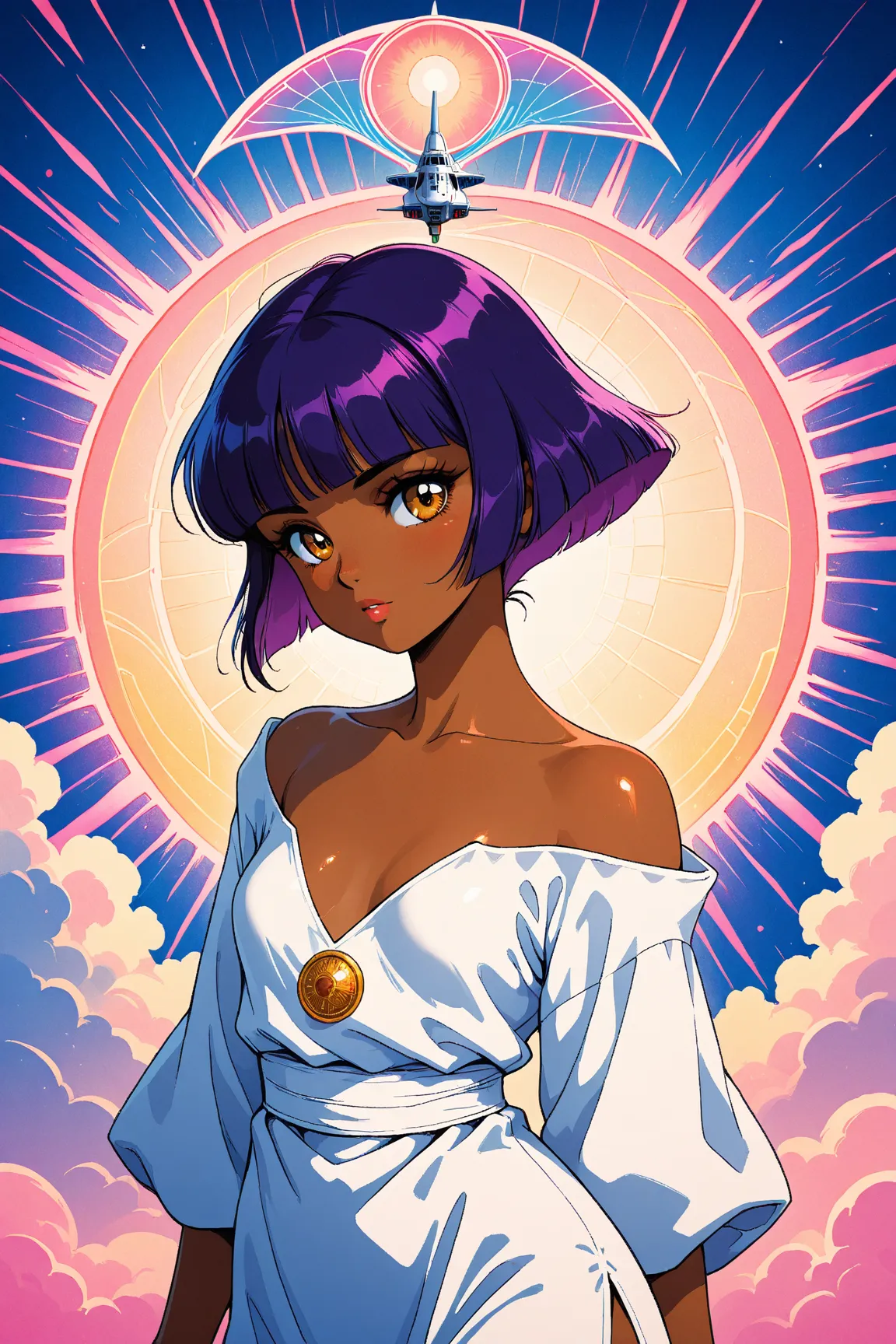 ((best quality)), ((masterpiece)), (detailed), perfect face, dark skin, surreal, in the illustrative style of moebius, spaceships, aliens, fantasy, sci-fi, graphic novel, line drawing, ((japanese retro)), long purple hair, blunt bangs, gold eyes, white tun...