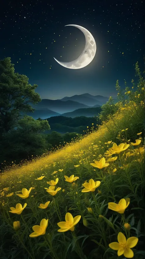 Flower field, night , light flies , yellow flowers, yellow half moon 