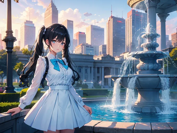  A beautiful woman is standing near a city fountain,20 years old, unconfident expression,white blouse,Light Blue Frilled Flare Skirt,big breasts,(long twin tail black hair),high image quality 