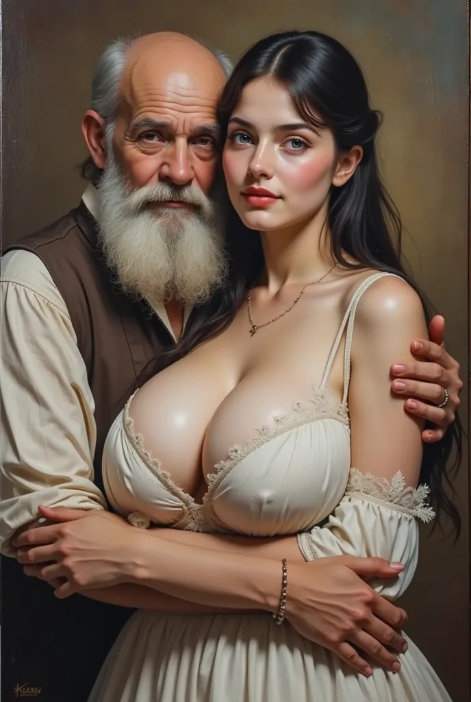 masterpiece，A work that looks like a masterpiece、Impressionism 、Renoir， European style, Looking at the camera, beautiful young girl big breastsLooking at the camera, beautiful young girl big breasts, blue eyes, girl Large neckline, billie eilish face, 1old...