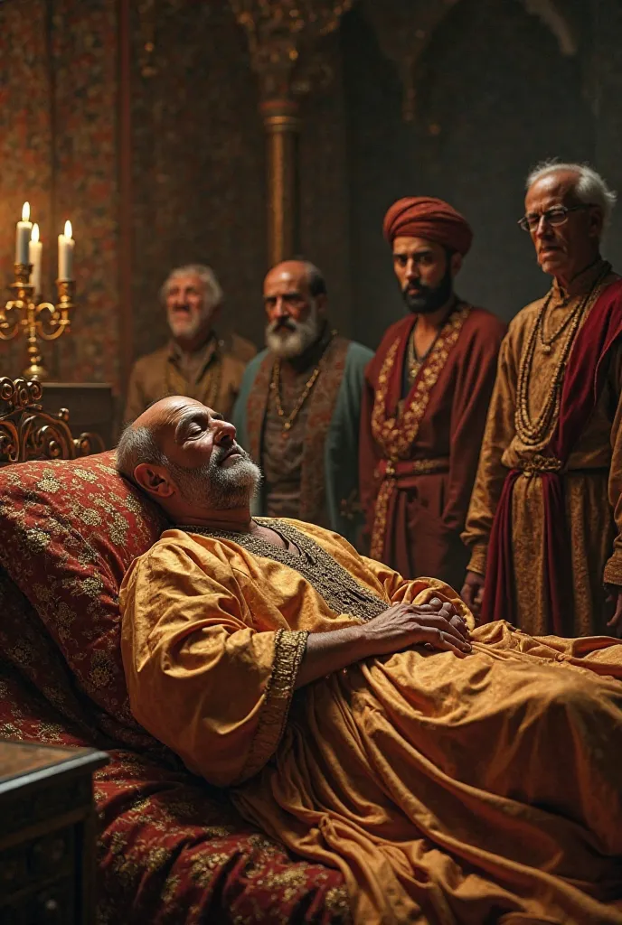 A solemn yet majestic scene inside Babur’s royal chamber. The aging emperor, wearing a silk robe with intricate golden embroidery, lies on a grand bed. His eyes are closed, and his face reflects wisdom and exhaustion. Around him, royal family members and m...