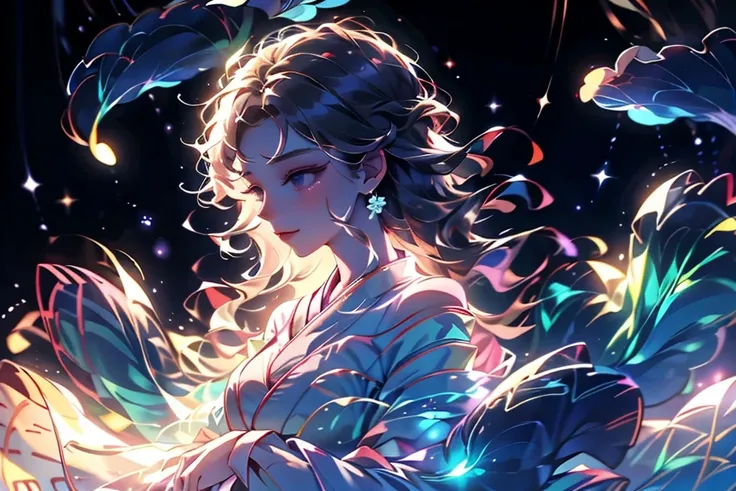 masterpiece, beautiful, a woman, curly black long hair, firefly, surreal, elegant, glowing, mystical, feminine, nature-inspired, ethereal, detailed, bright colors, magical, surreal, detailed, japanese-inspired, serene attitude, peaceful, whimsical