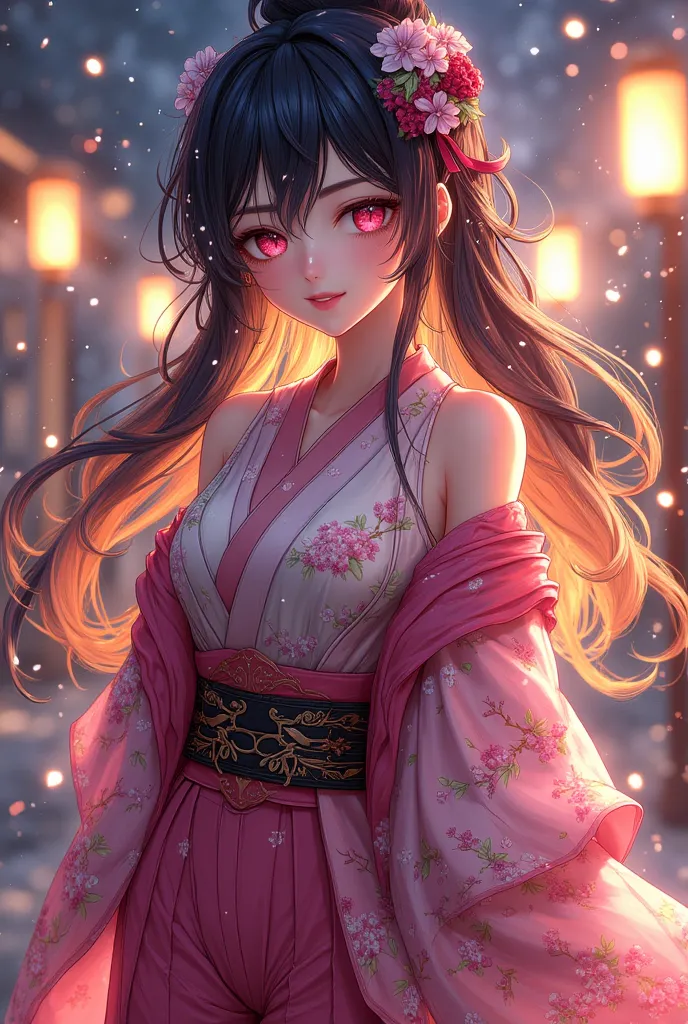 *"A stunning, high-quality illustration of Nezuko Kamado from *Demon Slayer*, depicted in a modern, stylish outfit inspired by traditional Japanese fashion. She has large, expressive pink eyes, delicate facial features, and long flowing dark hair with an o...