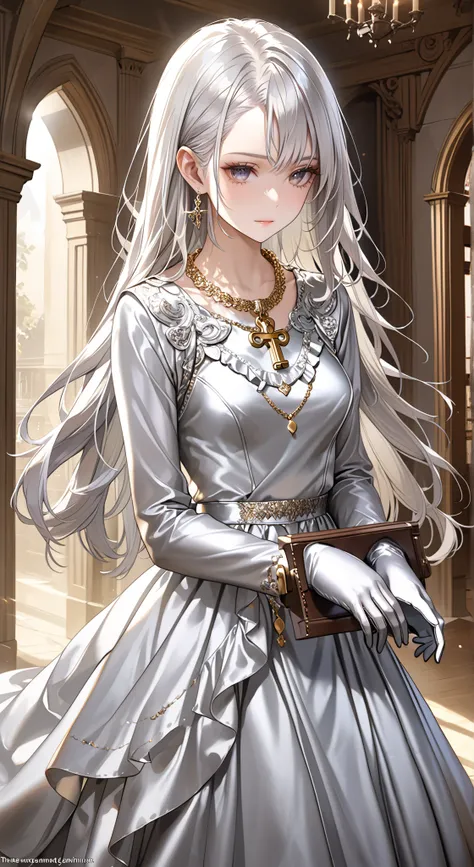portrait、god々Shining light、( masterpiece, top quality, Ultra High Resolution ),Extremely detailed CG, Japanese woman with pale silver hair,(( beautiful face)),(( long sleeve long dress made of pale silver satin))、((The dress has a simple design without e...