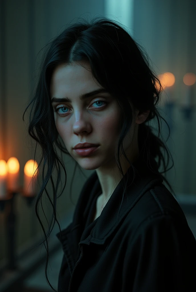 billie eilish, young female portrait, pale skin, dark hair, heavy eye makeup, somber expression, haunting gaze, dramatic lighting, horror-themed, abandoned house interior, cobwebbed corners, flickering candles, dark shadows, ominous atmosphere, moody color...