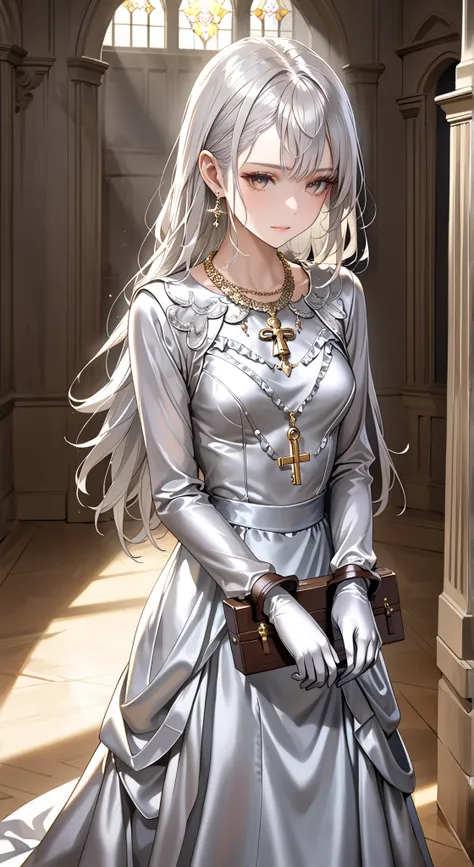 portrait、god々Shining light、( masterpiece, top quality, Ultra High Resolution ),Extremely detailed CG, Japanese woman with pale silver hair,(( beautiful face)),(( long sleeve long dress made of pale silver satin))、((The dress has a simple design without e...