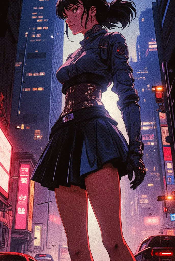 A highly detailed, cinematic digital illustration in a cyberpunk and futuristic anime style, set in a neon-lit dystopian city. The scene is filled with towering skyscrapers, glowing holographic advertisements, and rain-slicked streets reflecting the vivid ...