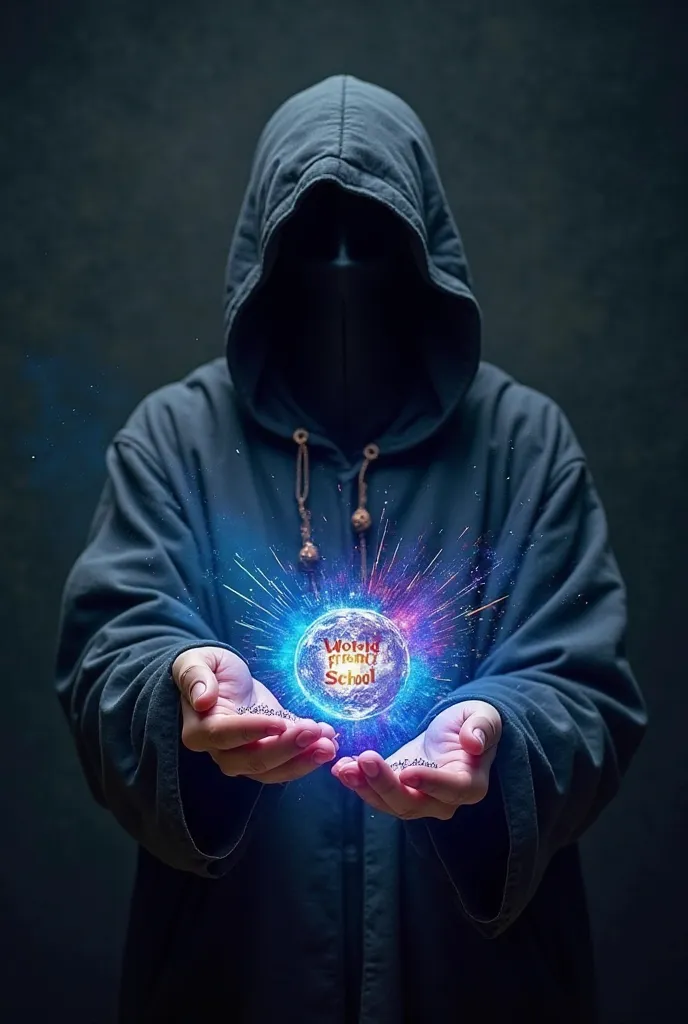 The image shows an enigmatic figure, dressed in a dark and hooded tunic, that seems to be manipulating magical energy. The figure lacks a face, adding an air of mystery. From his hand, emanates a vibrant flow of bright colors including blue, purple, and el...