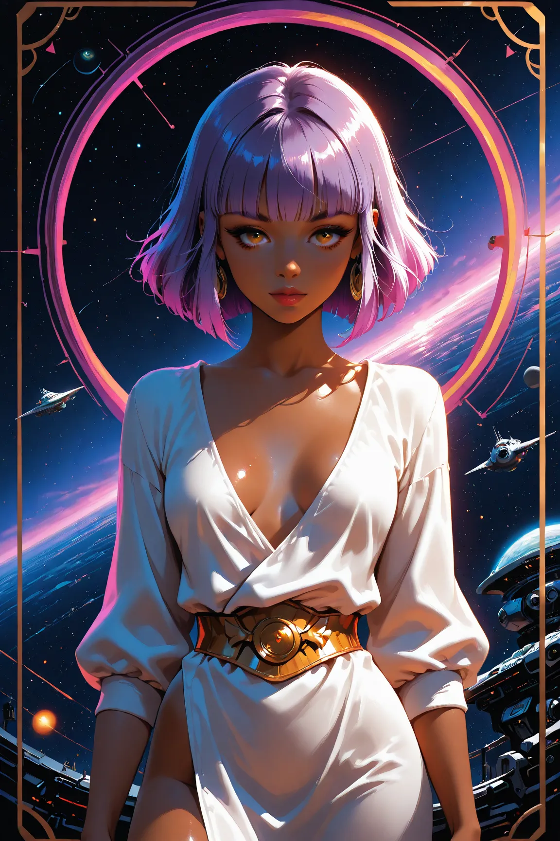 ((best quality)), ((masterpiece)), (detailed), perfect face, dark skin, surreal, in the illustrative style of moebius, spaceships, aliens, fantasy, sci-fi, graphic novel, line drawing, ((japanese retro)), long purple hair, blunt bangs, gold eyes, white tun...