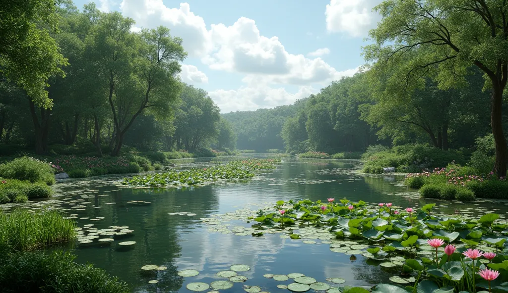 Exquisite 4K HD,Extreme Details,super realistic,Professional lighting effects,Photorealistic physical rendering,winding paths through the woods，in depth。gently ripples on the surface of the lake，It guides visitors to explore。The center of the park is a cur...