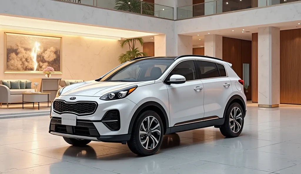 Create a realistic image of white colour Kia sportage   in showroom look