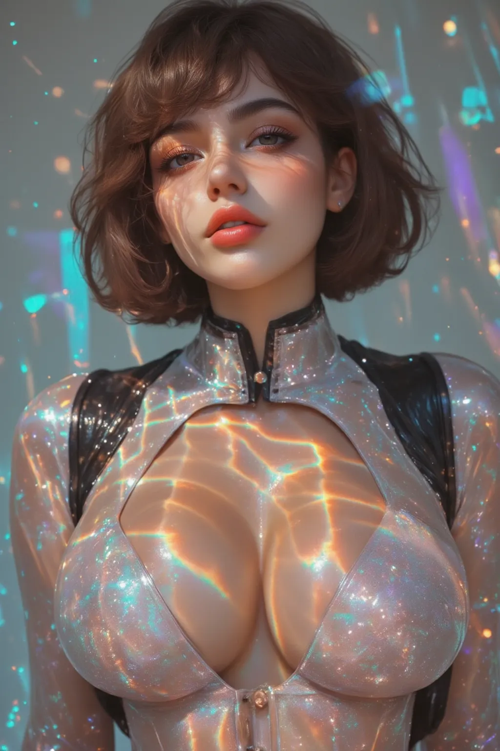 A beautiful young hyper-feminine hyper-curvy hyper-busty [hyper-retro|hyper-futuristic] woman with a perfect curvy body and massive cleavage, detailed face, detailed eyes, detailed lips, detailed chest, highest quality, masterpiece, hyper-realistic, extrem...