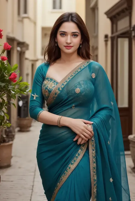 a woman with a graceful posture wearing a blue and green sari with gold accents rich in detail. The sari has a transparent design in parts, gives a modern twist to traditional Indian fashion. Three-quarter sleeved blouse he wears decorated with elegant gol...