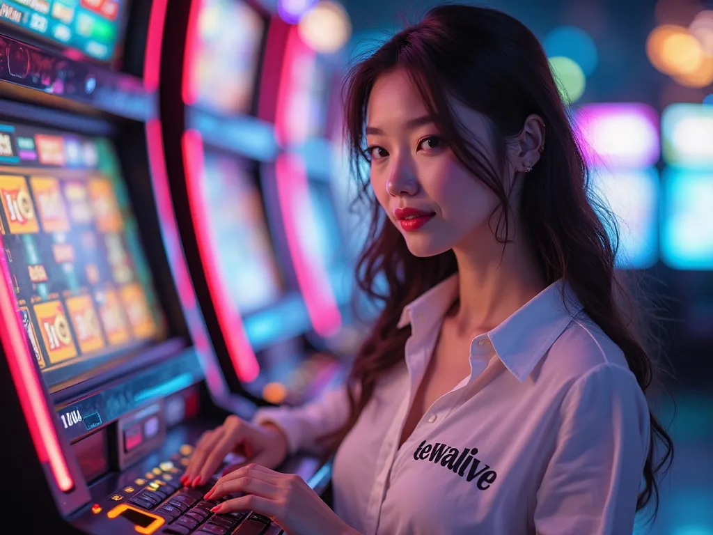 Beautiful woman asian playing at the slot online
Wearing a shirt with the phrase 'Dewalive' 