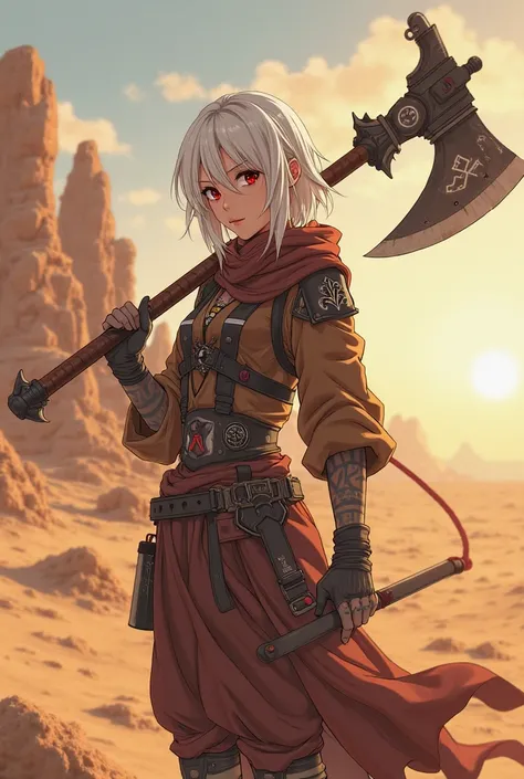 character: anime, female gender, white hair a little below the shoulders, Ruby eyes, Brown Leather, 1. 73 meters tall , opaque screen taver outfit, small tattoos on the skin and clothing with mysterious symbols, He carries a gigantic axe on the back of a.6...