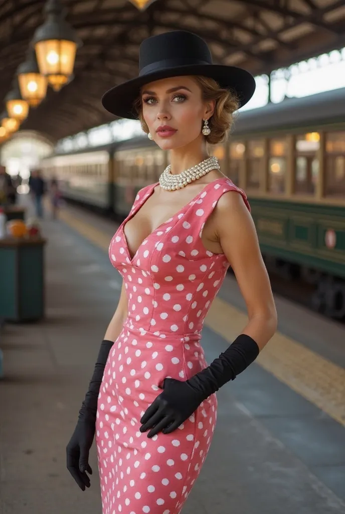 A glamorous woman stands confidently at a vintage train station, wearing a fitted pink polka dot dress that accentuates her curves. She sports a stylish black hat and elegant pearl necklace, with black gloves adding a touch of sophistication. The backgroun...