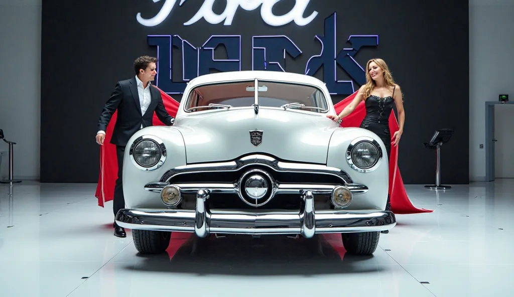 A captivating image of a (1950 )(ford model T)center stage in a luxurious white showroom. The futuristic, vibrant (white) exterior gleams, showcasing its sleek, aerodynamic design and bold accents. The words (ford ) are prominently displayed in large, meta...