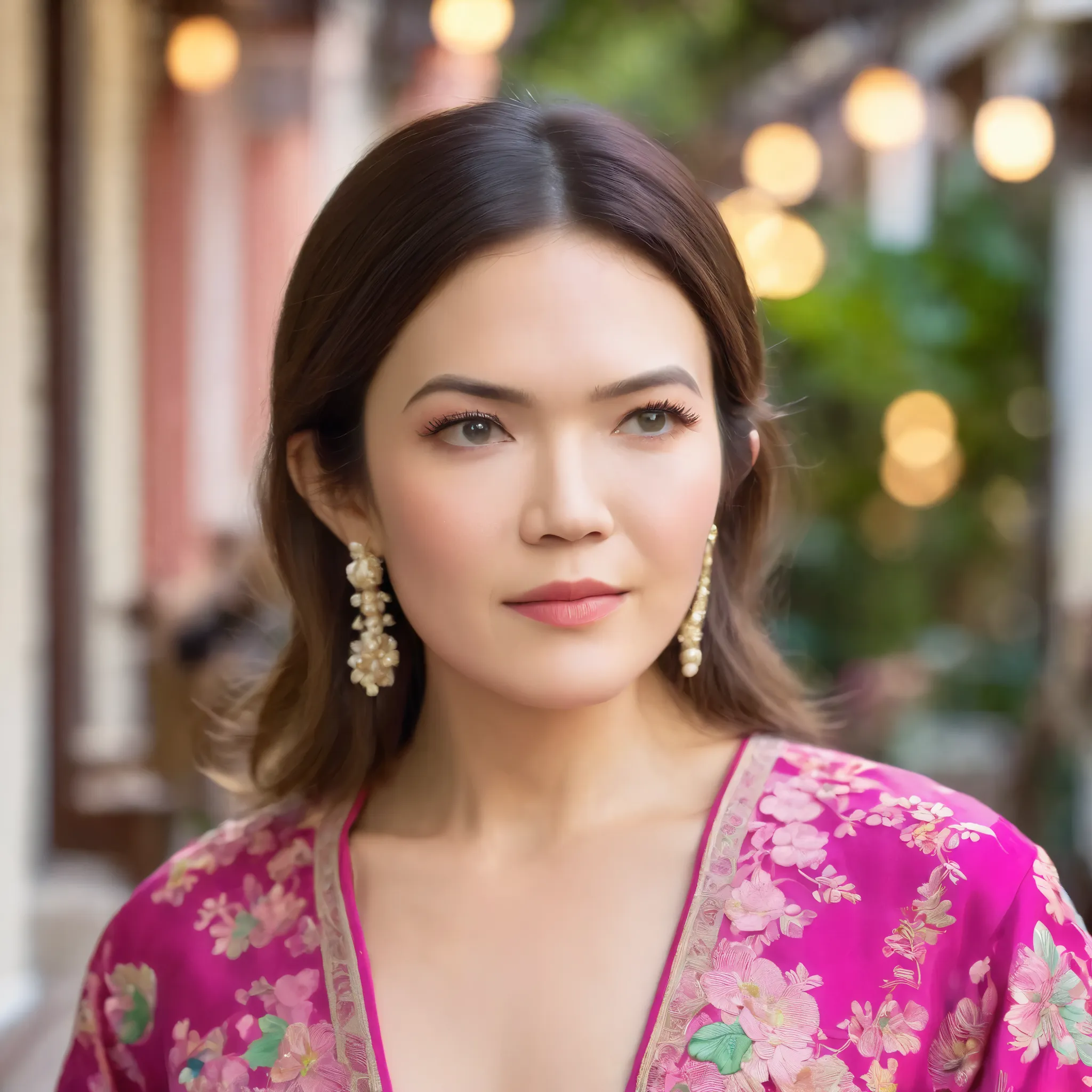 best quality, highres, 8k, masterpiece, photography, detailed midbody photorealistic portrait. Mandy Moore exudes elegance in a fuchsia pink sarong kebaya, intricately embroidered with floral motifs, paired with a vibrant batik wrap skirt. She walks along ...