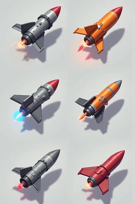 missile equipment icons for a flying game，Missiles of different levels，in gray、silver、orange color、 red、For the color。orthogonal view