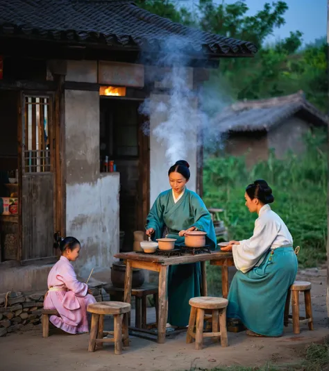 evening，rural China，（Female teacher）Sit on a small stool，I saw Sang Sang（ male students），and gave him a small bench，Let him face the small red clay stove for cooking traditional Chinese medicine with her， Steaming ， dress modestly