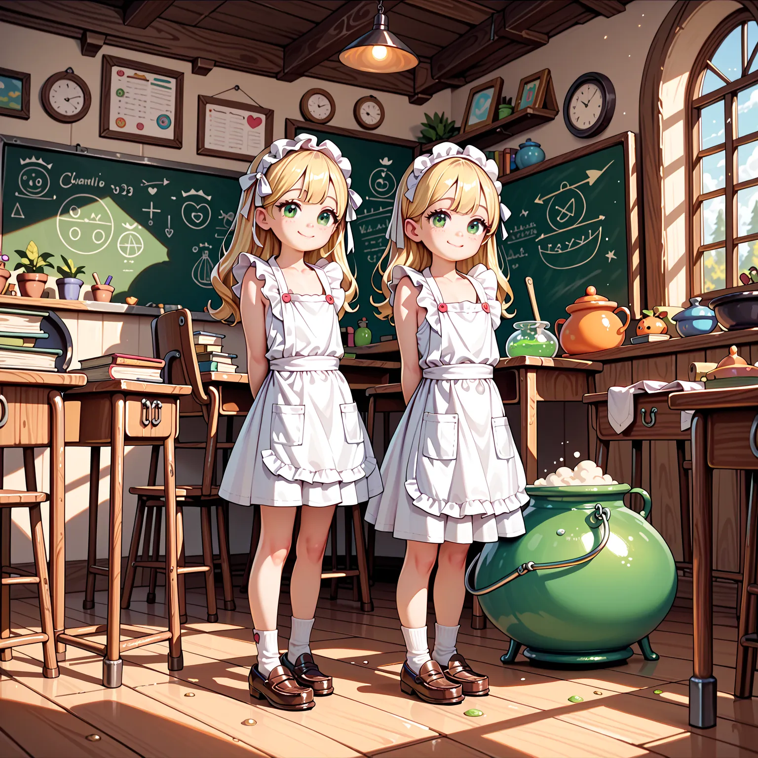  pixelart,toddler,round face,Shining Green Eyes,white ribbon,beautiful skin, wearing an apron,loafers,long blonde hair,Hands Behind Back,mean smile,Witch's Cauldron ,Old classroom