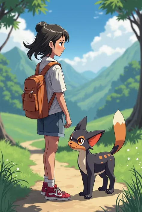 Create a Pokemon trainer who has the Pokemon called Meowscarada as a companion. That the girl's clothing is not tight or revealing and that she does not have ears or a cat's tail