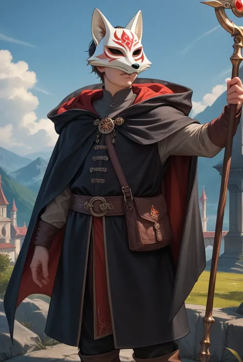 A thin-bodied young man in a simple black cloak wearing a long raised hoodie and a fox mask on his face , holding a wizard's staff in his hand 