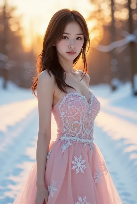 Create a portrait of a stunning Japanese idol girl with a slender figure, small chest, and thin legs. She has medium-length straight hair and is wearing a dress adorned with snowflakes. The scene is set in a snowy landscape during sunset, with the remainin...