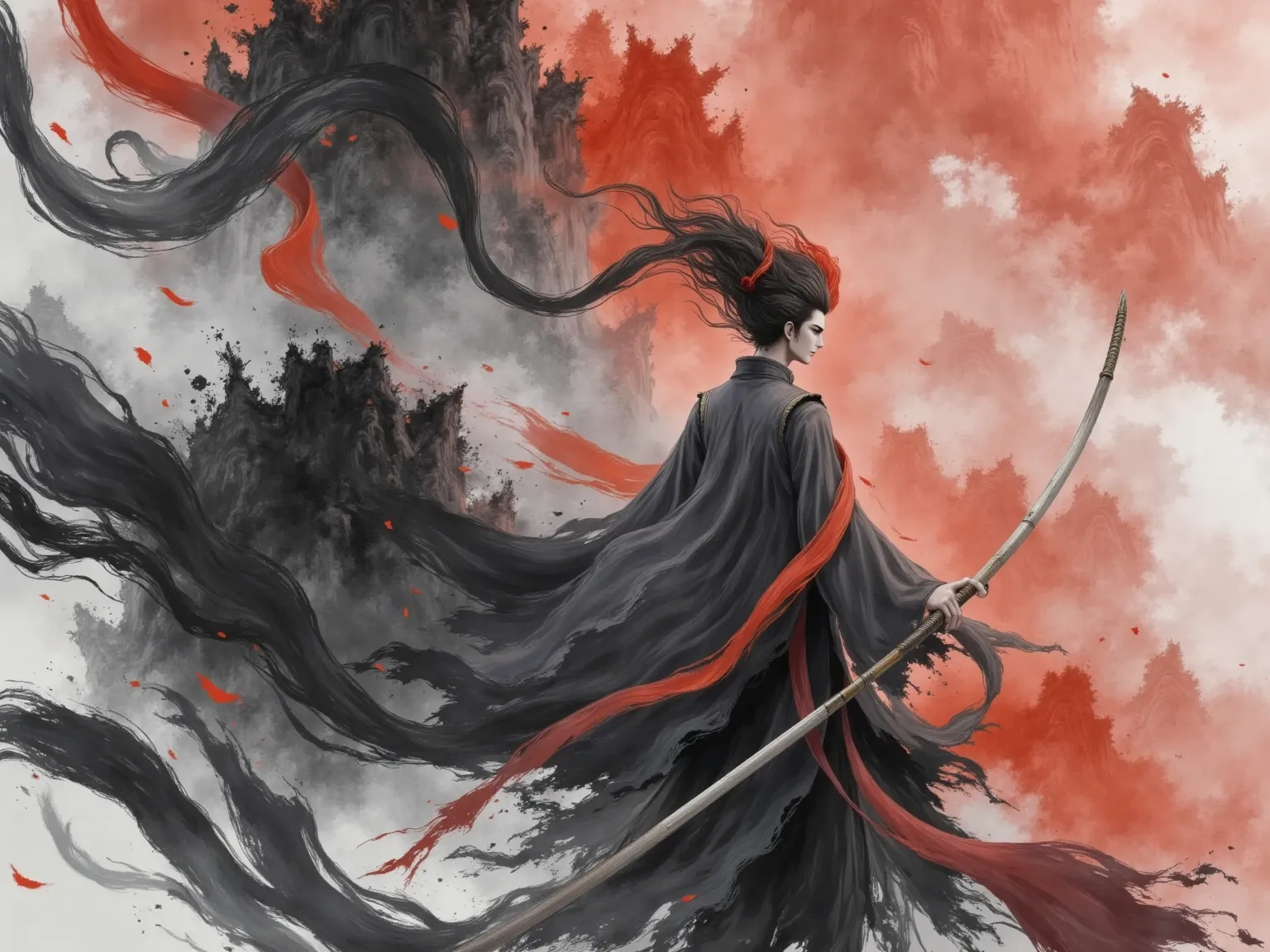 high quality, super realistic,4K,8k,master works,Extreme Details,Realism,Professional Photography,Chinese martial arts，Holding a long sword，Chinese Ink Painting,huge flowing flowing long hair, Handsome Male ,Broken Robe,Dynamic action ,Mysterious Smoke,Red...