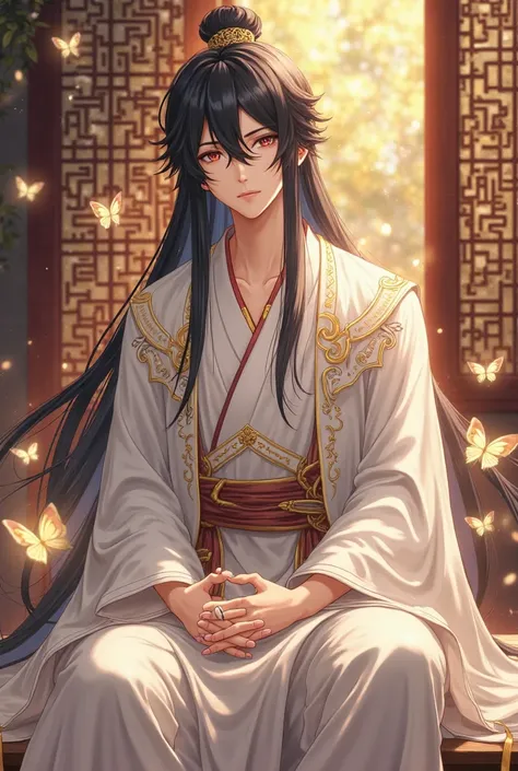 A handsome anime-style male character with long black hair, dressed in elegant white traditional Chinese robes with golden embroidery, sitting gracefully in a mystical ancient palace. His expression is calm yet powerful, with an ethereal and noble aura. De...