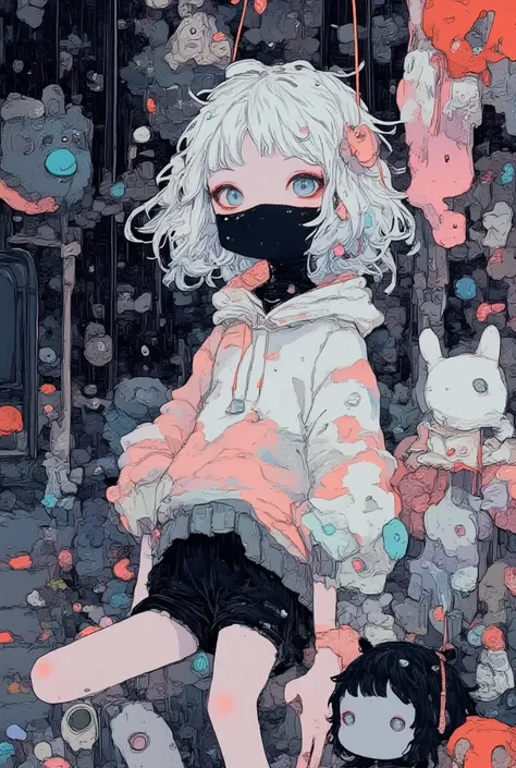 Kawaii, 1 boy, black body, black skin, and black face, slender shape, messy white hair – His eyes are a dull, sleepy gray. He wears an oversized white sweater with black shorts. The scene is a rainy cityscape, muted reflections on the ground. He’s leaning ...