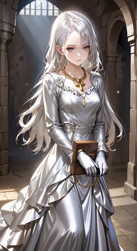 portrait、god々Shining light、( masterpiece, top quality, Ultra High Resolution ),Extremely detailed CG, Japanese woman with pale silver hair,(( beautiful face)),(( long sleeve long dress made of pale silver satin))、((The dress has a simple design without e...