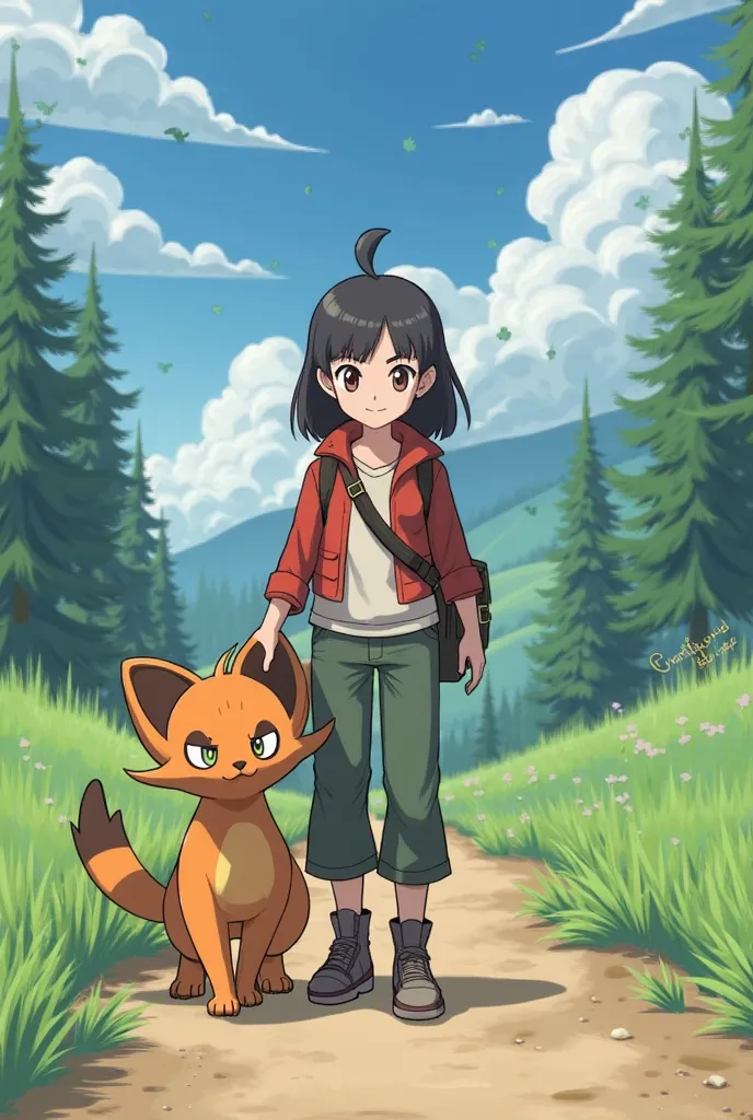 Create a Pokemon trainer who has the Pokemon called Meowscarada as a companion. That the girl's clothing is not tight or revealing and that she does not have ears or a cat's tail