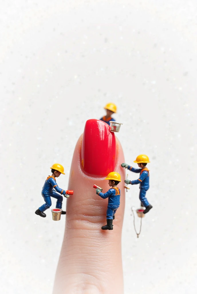 A team of tiny workers wearing blue overalls with yellow helmets, working on a large fingernail, using small nail tools, clean white background, macro photography, highly detailed, consistent characters.The same tiny workers team painting a large fingernai...