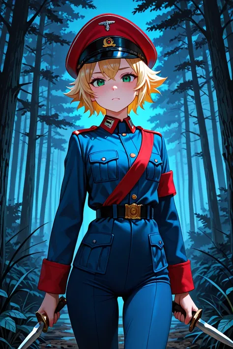 1girl, young adult girl, short blonde hair, spiky hair, green eyes, sadic expression, slim body, tall stature, hostil position, holding dagger, wearing blue military uniform, red cap, 1910's style french uniform, tight uniform, night forest, absurdres, hig...