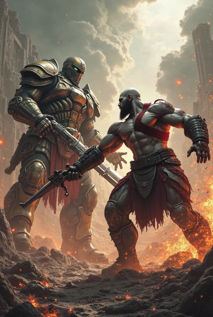 The Doom Slayer from Doom Eternal fighting Kratos from God of War