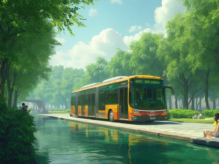 One bus in a public area with green space