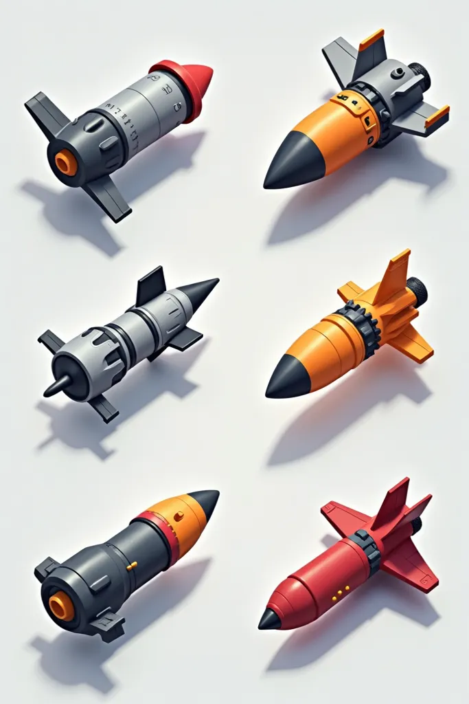 missile equipment icons for a flying game，Missiles of different levels，in gray、silver、orange color、 red、For the color。orthogonal view