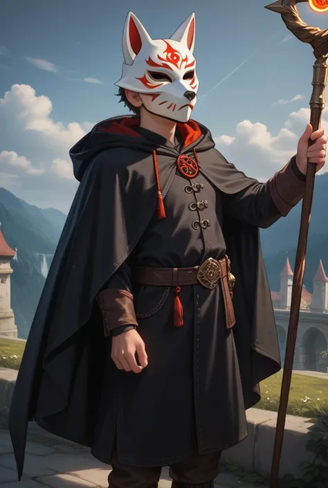 A thin-bodied young man in a simple black cloak wearing a long raised hoodie and a fox mask on his face , holding a wizard's staff in his hand 