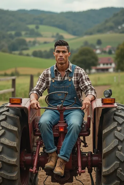 Cristiano Ronaldo has been photographed in traditional farming attire and driving a tractor in a countryside setting