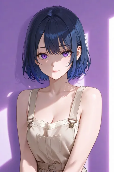  Woman, boobs,defined body,beige dress, SHORT HAIR,dark blue hair color with a dark but faint shade of purple, basic makeup,