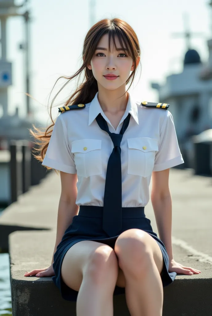 Sexy beautiful Japanese woman, a self defense officer uniform, wearing a white short-sleeved shirts, navy blue tie, navy blue pencil skirt, Black patent high heels, beautiful hip-line, Beautiful thighs, She's sitting at the end of the dock flapping her leg...