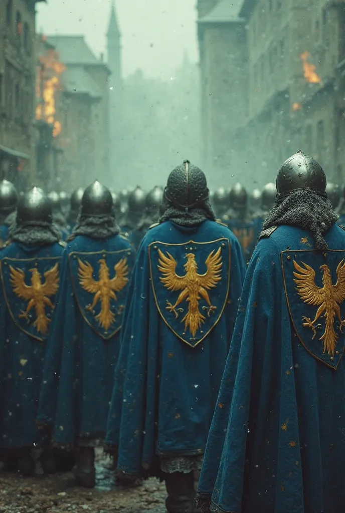 Make me an army of paladins wearing blue robes with a golden eagle coat on their shields and severely wounded capes inside a medieval city, bravely resisting while afflicted by a greenish mist of poison and soot from the city's fires.