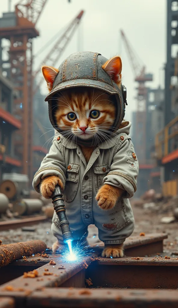 A highly detailed and realistic image of a small, fluffy kitten at a construction site, dressed as a welder. The kitten wears a slightly oversized, rugged, and torn white work shirt with rolled-up sleeves, giving it an industrial look. It also sports a lar...