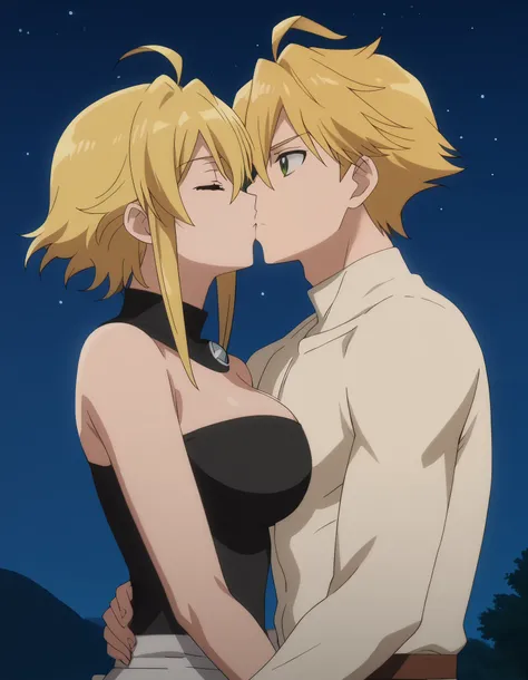 leone, anime screencap, large breasts, cleavage, looking at arthur, kissing arthur, looking at arthur, closed eyes, deep kiss, cowboy shot, closed mouth, night sky, deep kiss
kiss, arthur_pendragon_fate, blonde hair, green eyes, short hair, ahoge, hair bet...