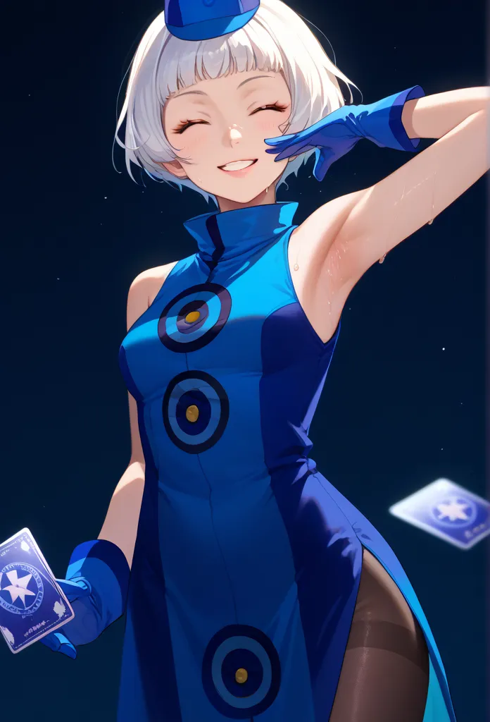 score_9, score_8_up, score_7_up, solo, 1girl, p3elizabeth, slight smile, looking at viewer, standing, holding card, hat, blue dress, sleeveless dress, blue gloves, black pantyhose ,spread armpit, arm up, armpit, lay hand on own armpit, smile, closed mouth,...