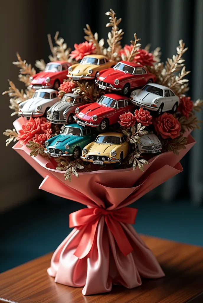 "A luxurious and artistic bouquet made entirely of miniature cars instead of flowers. The bouquet features a variety of car models, including sports cars, classic cars, and luxury supercars, arranged beautifully with metallic stems and decorative elements....