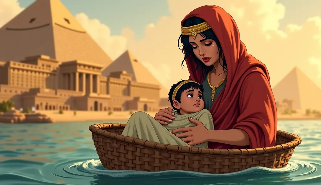 Hazrat Musa's mother is holding her baby in a basket, with worry on her face and tears in her eyes.  The tides of the Nile are flowing, and the basket floats in the water.  A palace is visible in the distance, where this basket is going to arrive.